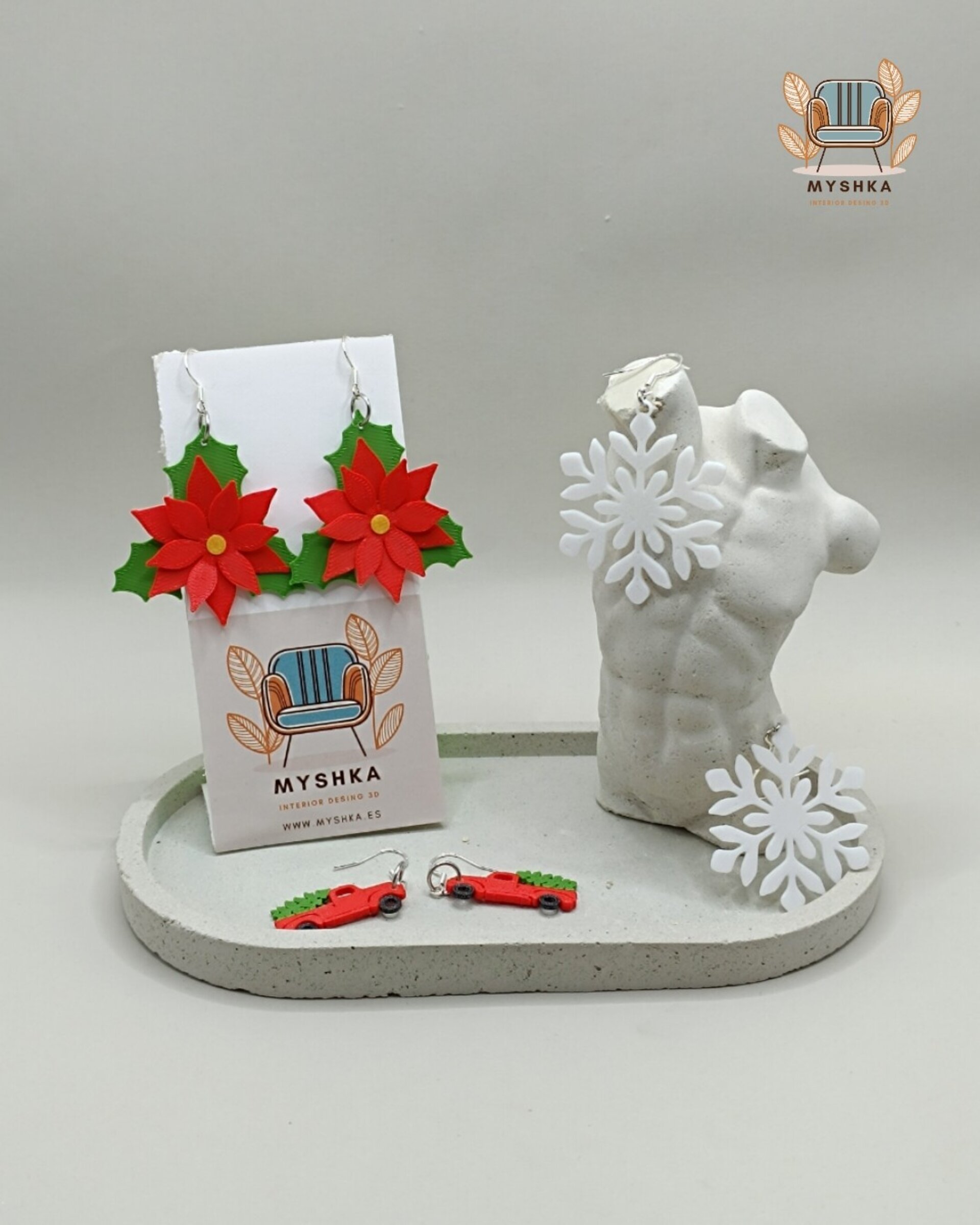 Pendientes Navideños de Flor de Pascua con Enganches de Plata de Ley - 3